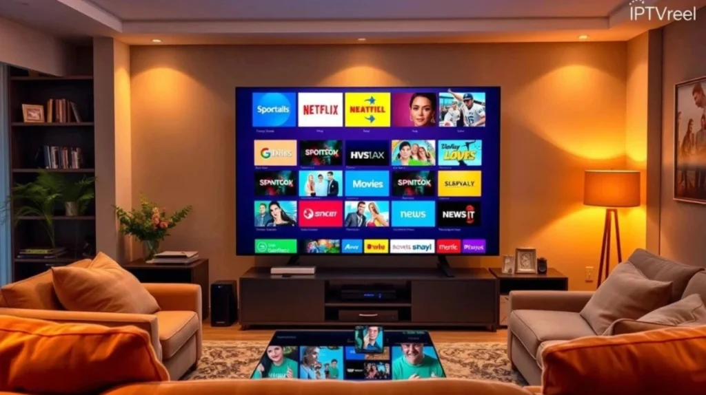 A cozy living room with warm ambient lighting featuring a large TV displaying an IPTV interface with multiple streaming services including Netflix, NEATFILL, Sportails, and various other channel options arranged in a colorful grid. The room is furnished with comfortable sofas, a coffee table (which appears to have a tablet or digital surface displaying additional content), houseplants, bookshelves, and decorative elements. The watermark "IPTVreel" is visible in the upper right corner. This image showcases how IPTV integrates into a comfortable home entertainment setup.RetryClaude can make mistakes. Please double-check responses.
