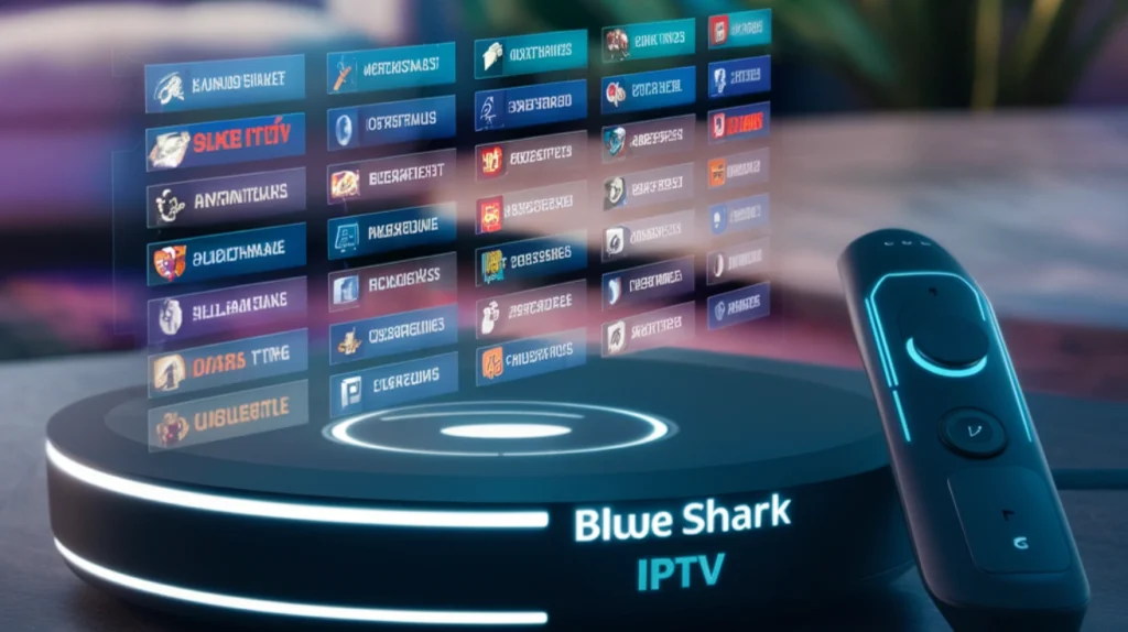A futuristic representation of "Blue Shark IPTV" featuring an illuminated streaming box device with a sleek remote control next to it. Above the device is a holographic or projected display showing multiple channel options arranged in a grid. The device features glowing blue accent lighting and the "Blue Shark IPTV" branding. This image represents next-generation IPTV hardware with advanced user interfaces and extensive content selection.