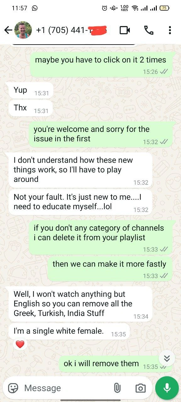A series of WhatsApp chat conversations discussing IPTV services. The first conversation covers details about a one-year, four-device IPTV subscription, including the need for the MAC ID and device key for activation. The second conversation involves troubleshooting IPTV issues, with support offering to remove unwanted channels. The third chat features a customer asking about IPTVShark services after being recommended by a colleague, questioning the discrepancy between the logo shown in the app and the one on the website.