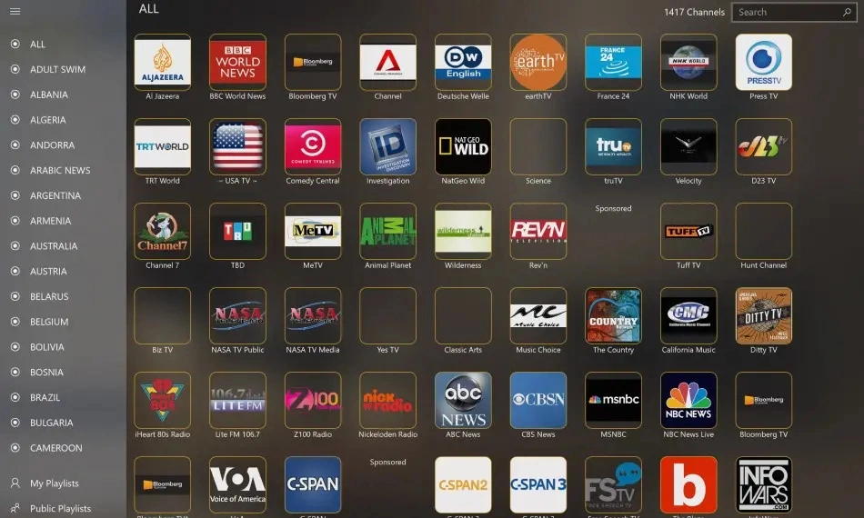IPTV player interface showing a list of channels from various countries and categories, with logos for channels like Al Jazeera, BBC World News, Bloomberg, TRT World, USA TV, MeTV, Animal Planet, and many others, along with the total count of 1,417 channels