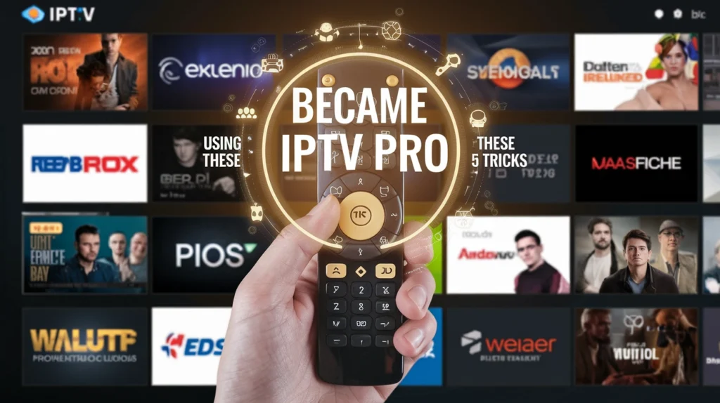 A promotional image for "BECAME IPTV PRO" featuring a hand holding a remote control against a background of streaming content thumbnails. The remote is surrounded by a glowing circular interface with connected icons, and the text "USING THESE" and "THESE 5 TRICKS" appears on either side of "BECAME IPTV PRO." Various channel or content provider logos are visible in the background, including "REEBROX," "PIOS," and "WAASFICHE." This image promotes advanced IPTV functionality and user tips to enhance the viewing experience.