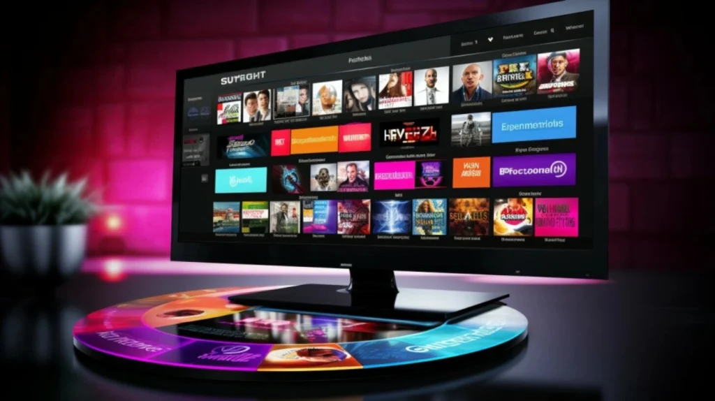 A modern TV or monitor display showing an IPTV interface with the name "SUTROHT" at the top. The screen displays a grid of content thumbnails including movies, TV shows, and channels with colorful category tiles. The display sits on what appears to be a circular multicolored interface pad with different sections. The background has a purple/pink ambient lighting with a small plant visible in the corner. This image showcases the visually appealing and organized content navigation available through IPTV services.