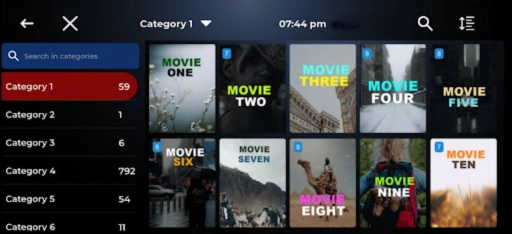 Xtream IPTV interface showing a list of categories and various movie thumbnails, with movies labeled 'Movie One' through 'Movie Ten' under 'Category 1