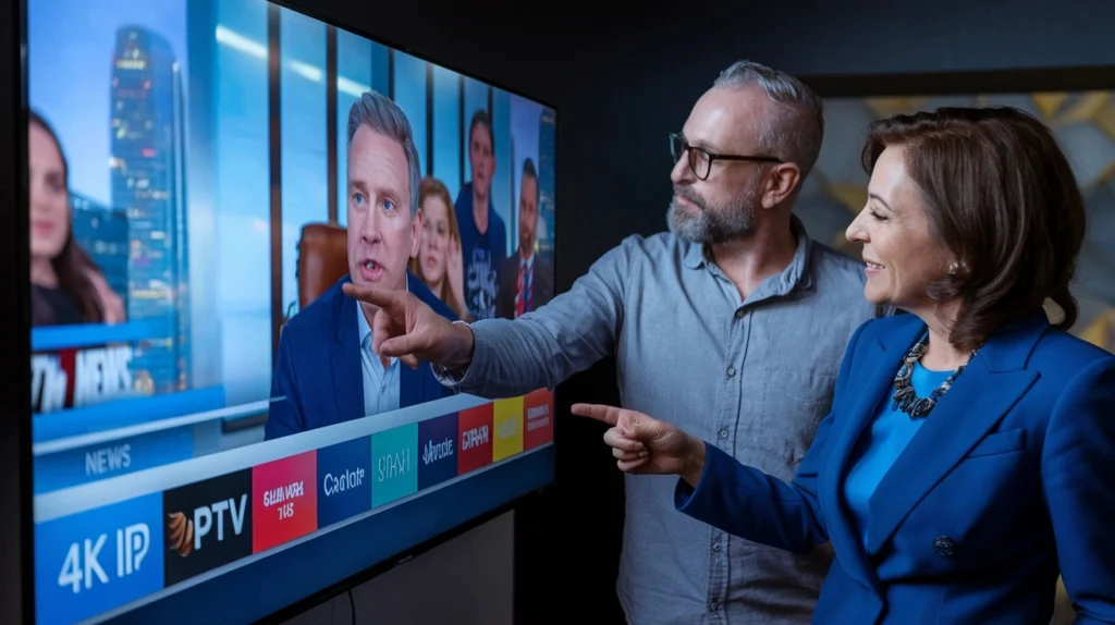 A couple standing next to a large TV screen displaying what appears to be a news program or talk show featuring a person in a blue suit speaking. The man in a gray shirt is pointing at the screen while the woman in a blue blazer is smiling and also pointing. At the bottom of the TV screen is an interface showing "4K IP" and "PTV" logos along with colorful channel or category indicators. This image illustrates how IPTV services deliver high-definition news and entertainment content that viewers can actively engage with.