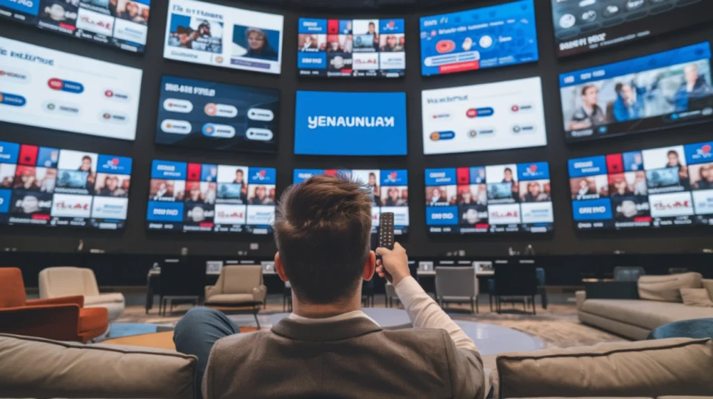A rear view of a person sitting on a couch in what appears to be a high-tech entertainment center or control room, holding a remote control while facing a curved wall of multiple screens displaying various channels and content. The immersive setup shows numerous television feeds simultaneously arranged in a semi-circular formation, with a blue screen displaying "YENAUNUAM" in the center. The viewing space includes several empty chairs and seating areas surrounding the central viewing position. This image represents the expansive viewing capabilities and multi-channel monitoring possible with advanced IPTV systems.