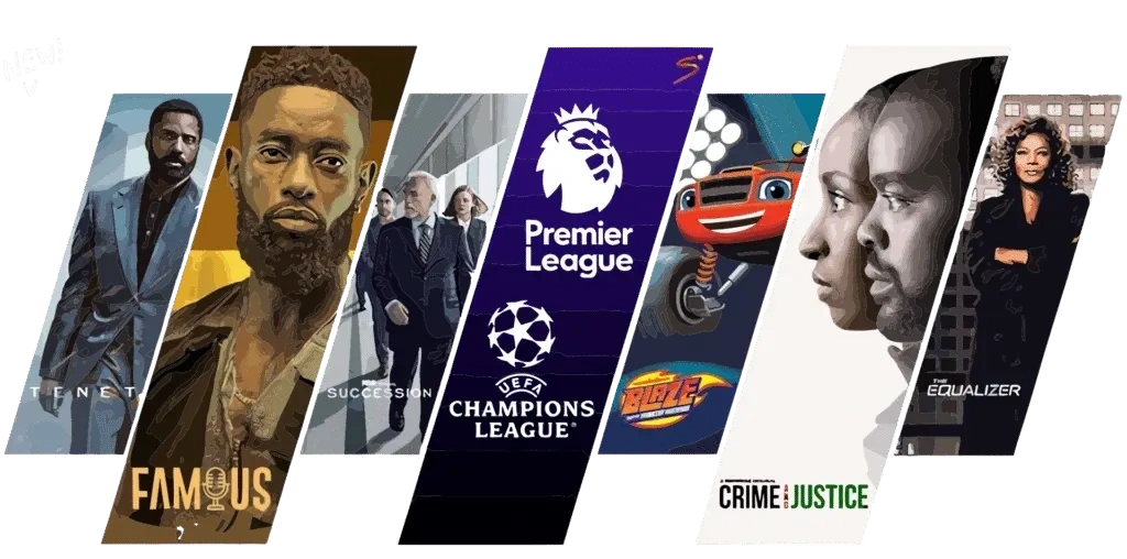 A collage of popular TV shows and sports channels, featuring posters for movies like Tenet, series like Succession, sports events like Premier League and UEFA Champions League, kids' shows like Blaze, and crime dramas like Crime & Justice and The Equalizer, showcasing the variety of content available with IPTV.