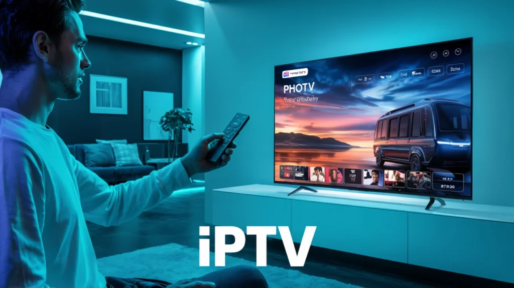 A promotional image for IPTV showing a man in a white long-sleeve shirt holding a remote control while sitting in a modern living room with blue ambient lighting. The TV screen displays "PHOTV" with what appears to be text in another language below it, and shows a scenic sunset image with a vehicle. The bottom row of the screen displays content thumbnails. The word "iPTV" appears prominently at the bottom of the image. This demonstrates the sleek, modern experience of using IPTV services in a contemporary home setting.