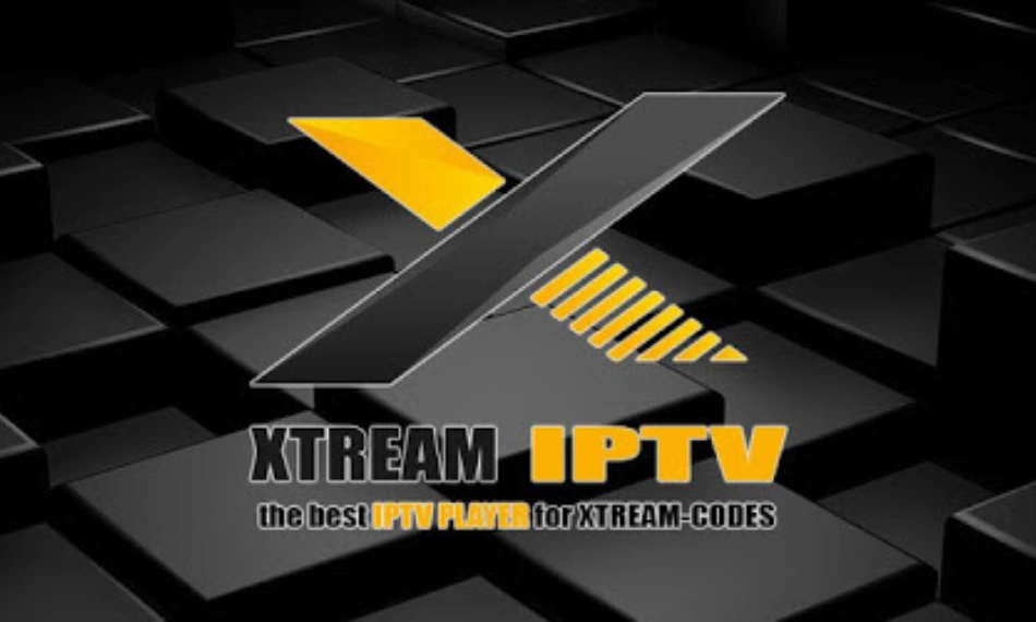 A sleek promotional image with a black geometric background and bold branding. Text: "XTREAM IPTV" in metallic black and yellow Subtext: "The best IPTV player for XTREAM-CODES" This is a stylized visual emphasizing the Xtream brand and its reliability for Xtream Codes-based IPTV streaming.