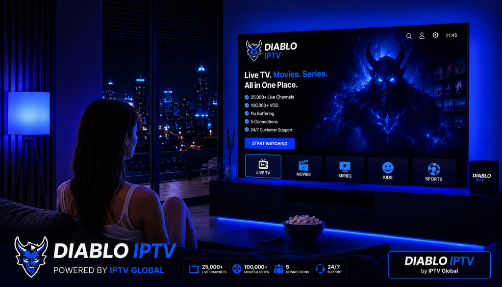 Diablo IPTV interface displayed on a Smart TV in a modern living room featuring live TV, movies, series, sports, and kids entertainment.