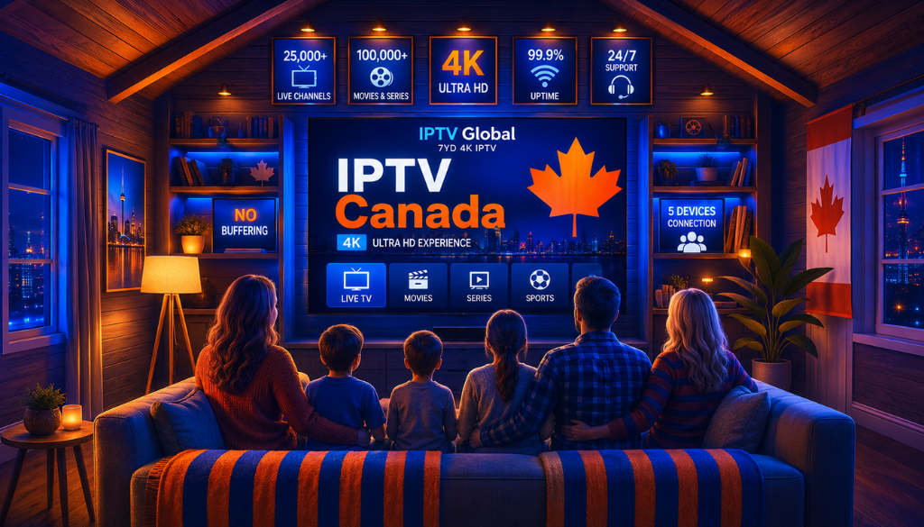 IPTV Global Canada home entertainment setup with 4K IPTV, live channels, movies, sports, no buffering, and multi-device streaming.
