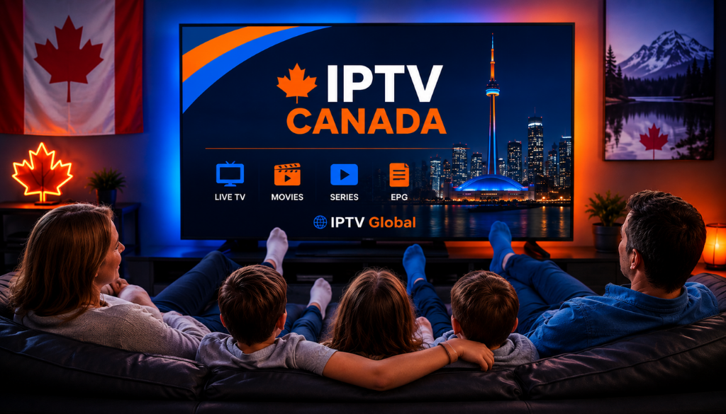 Family watching IPTV Canada on a smart TV in a modern living room with IPTV Global streaming service.